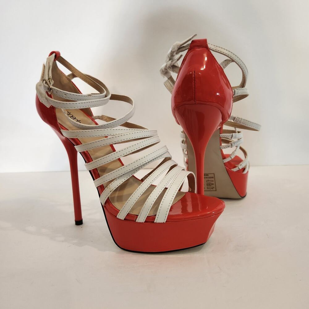 SHOE DAZZLE Kaskade Orange White‎ Patent Leather Platform Stiletto Women 9.5 NIB